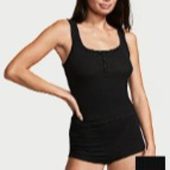 Just In! XL VICTORIA'S SECRET Ribbed Modal Henley Tank Short Set NWT Comfy Black - Picture 1 of 4